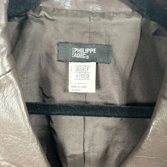 Philippe Adec Womens Button Notched Lapel Leather Jacket Brown Vintage Size 4 - Picture 2 of 7